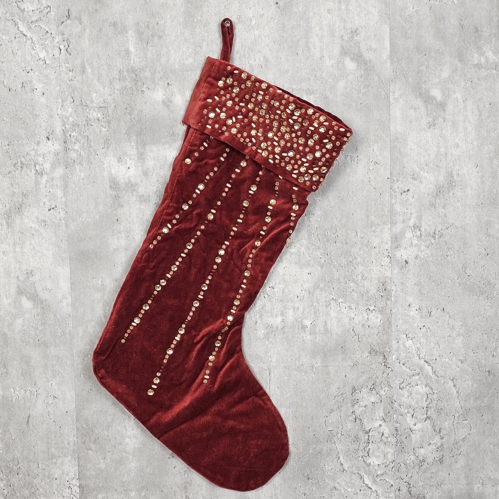 West Elm Red Velvet Beaded‎ Christmas Stocking Jewel Embellished Holiday Decor